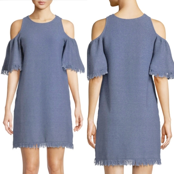 Milly | Blue Knit Cold Shoulder Fringe Dress - Picture 1 of 5